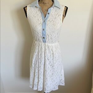 Iris White Lace Mini Dress with Blue Collar, size M
